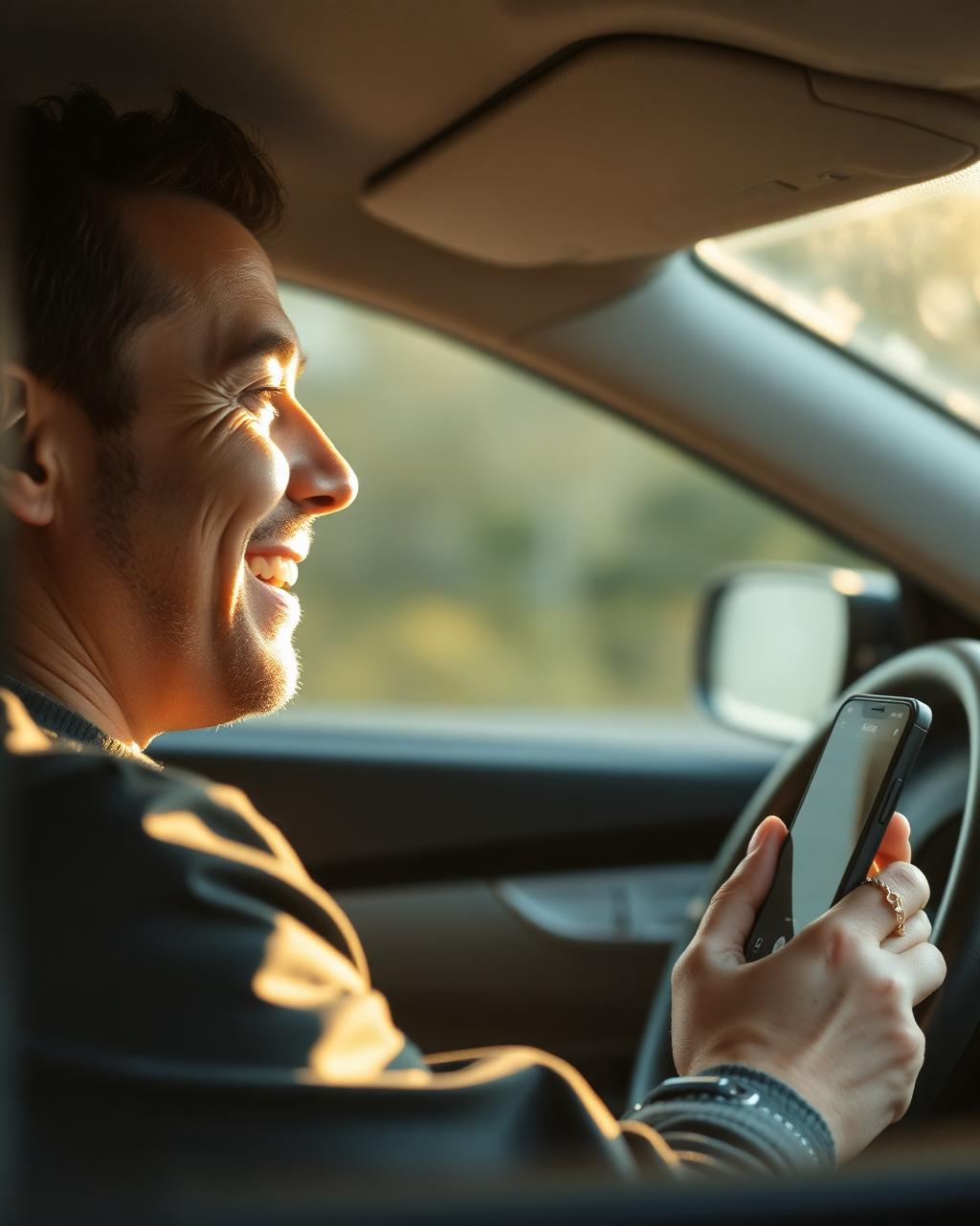 Motorista sorrindo ao acompanhar a rota pelo app Viggo Track